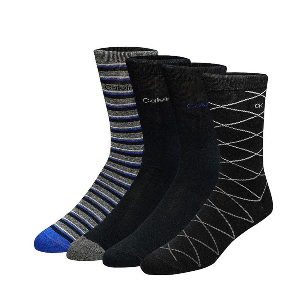 Calvin Klein Combed Cotton Crew Socks 4 Black Grey Blue Stripes Diamond Pattern